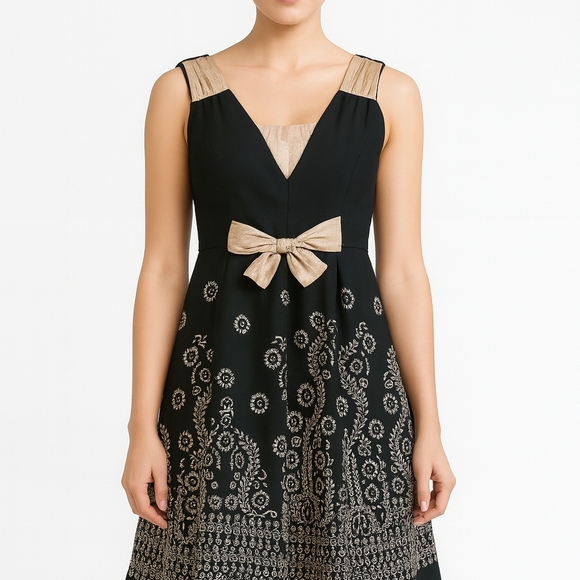 On &‎ On New Era Women's Med Black Gold Metallic Paisley Print  Midi Lined - Picture 1 of 16